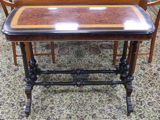 A late Victorian ebonised and burr wood card table, W.102cm